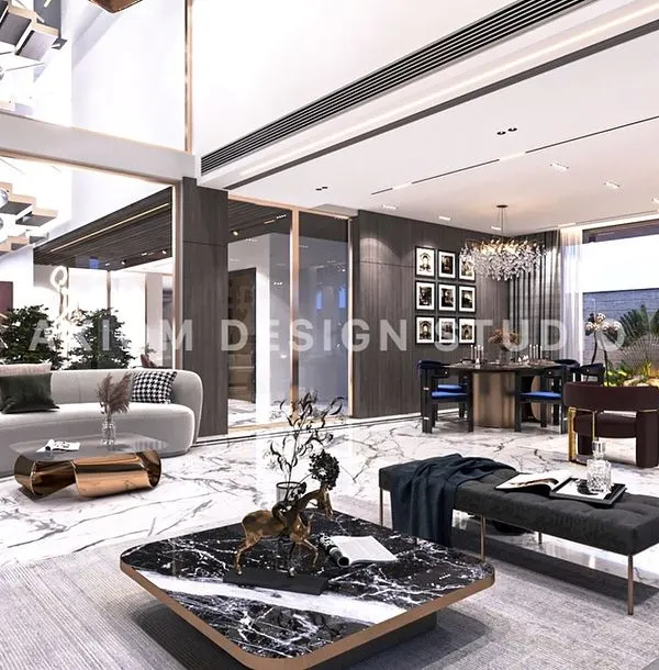 This massive, double-height drawing room is a study in modern luxury. The open, connected layout is perfect for entertaining, while the neutral tones and abundant natural light create a warm, serene ambiance.