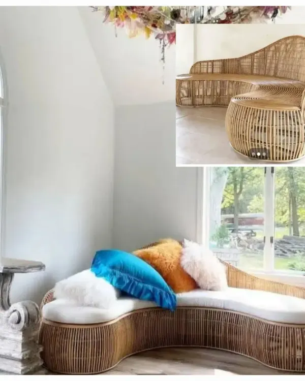 This uniquely curved rattan sofa is a true statement piece, designed to create a fluid and inviting social space. Its unconventional shape showcases our ability to bring complex, custom furniture designs to life.