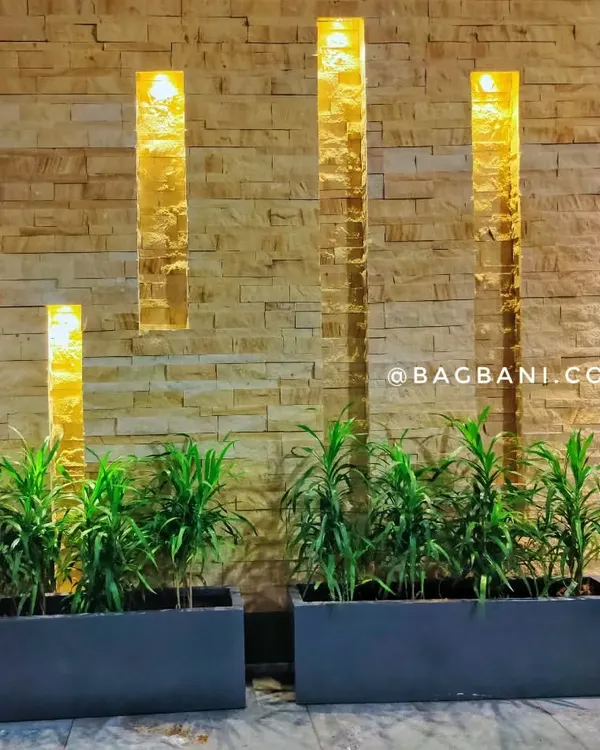 We designed this stunning entrance by pairing lush Dracaena plants with modern, dark planters. The arrangement is highlighted by warm accent lighting against the stone wall, creating an elegant and inviting atmosphere.
