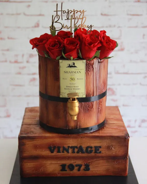 I had the honor of creating this working whiskey barrel cake for actor Sharman Joshi's 50th birthday. The cake, designed to look like a vintage barrel, actually dispenses whiskey from the tap.