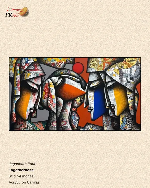 'Togetherness' by Jagannath Paul, a powerful abstract figurative work where faces merge, exploring the complexities of human relationships through bold lines and color.