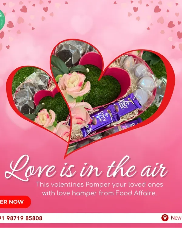 A heart-shaped Valentine's Day hamper filled with chocolates and other treats to pamper your loved ones.