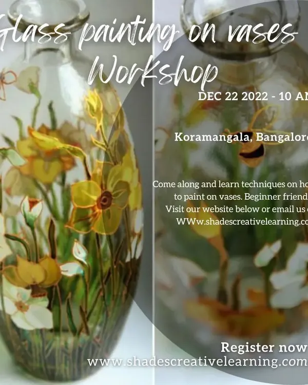 An announcement for our glass painting workshop focusing on vases. Learn how to turn a simple glass vase into a stunning decorative piece with hand-painted floral designs.
