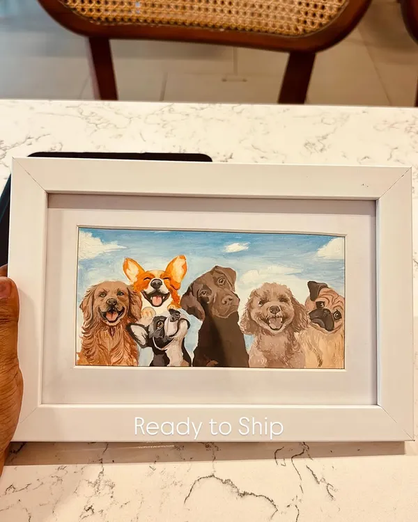 A group portrait of some very good boys and girls, framed and ready to ship! I can combine photos of multiple pets to create a single, happy scene like this one.