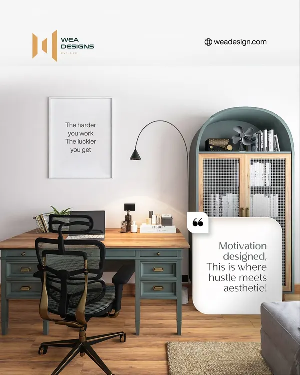 Motivation designed. This is where hustle meets aesthetic. We created this home office with a stylish desk, an arched bookshelf, and an ergonomic chair to make work feel less like a chore.