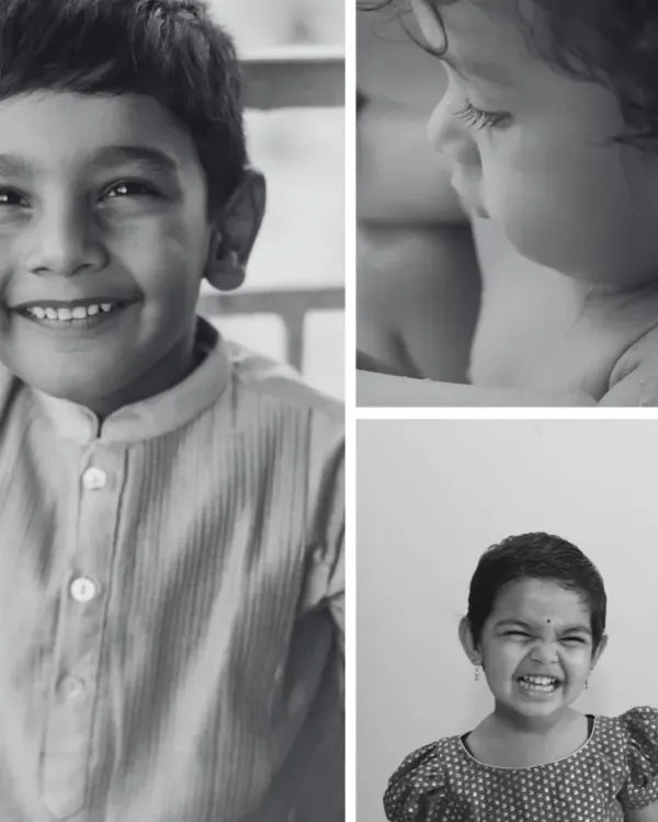 A collage of pure childhood expressions in black and white. From a bright, happy smile to a thoughtful profile and a cheeky grin, these portraits show the range of emotions I aim to capture in every child photography session.