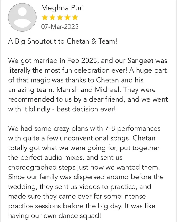 Feedback like this makes it all worth it. We loved being a part of this couple's crazy, fun sangeet and matching their amazing vibe.