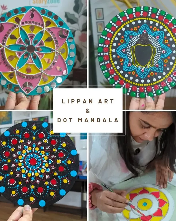 A beautiful collage of Lippan art and Dot Mandala creations. These traditional art forms are a wonderful way to relax and create something stunning.