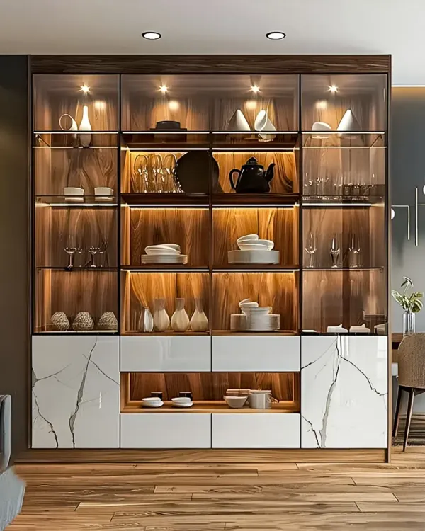 Our modern crockery cabinets are designed to display your finest dinnerware. This unit features a blend of wood, glass doors, and a marble-finish base, with internal backlighting to highlight your collection. It provides both open display shelves and concealed drawers for versatile storage.