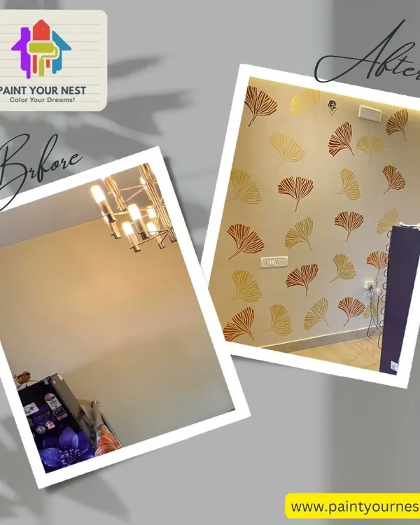 This before and after shows how a simple wall can become a stunning feature. We transformed this plain living room wall with a custom ginkgo leaf stencil design, creating a sophisticated and nature inspired accent wall.