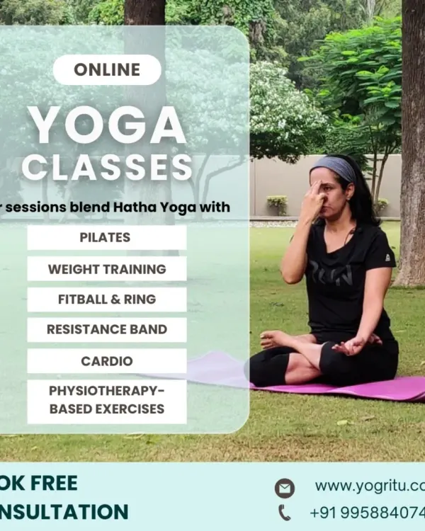 My online yoga classes are more than just standard poses. This image shows how I blend Hatha Yoga with a variety of other disciplines like Pilates, weight training, resistance bands, and physiotherapy-based exercises for a truly holistic workout.