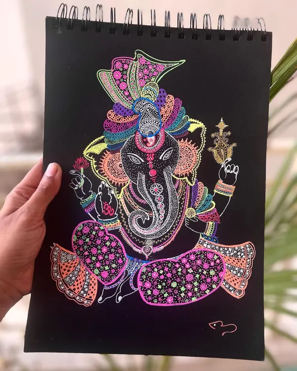 A vibrant and detailed doodle of Lord Ganesha, created with neon gel pens on black paper. May he bless your home with peace, prosperity, and happiness.