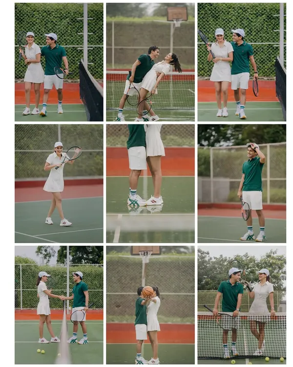 A collage of playful and romantic moments from a sports-themed pre-wedding shoot, featuring both tennis and basketball to celebrate the couple's shared hobbies.