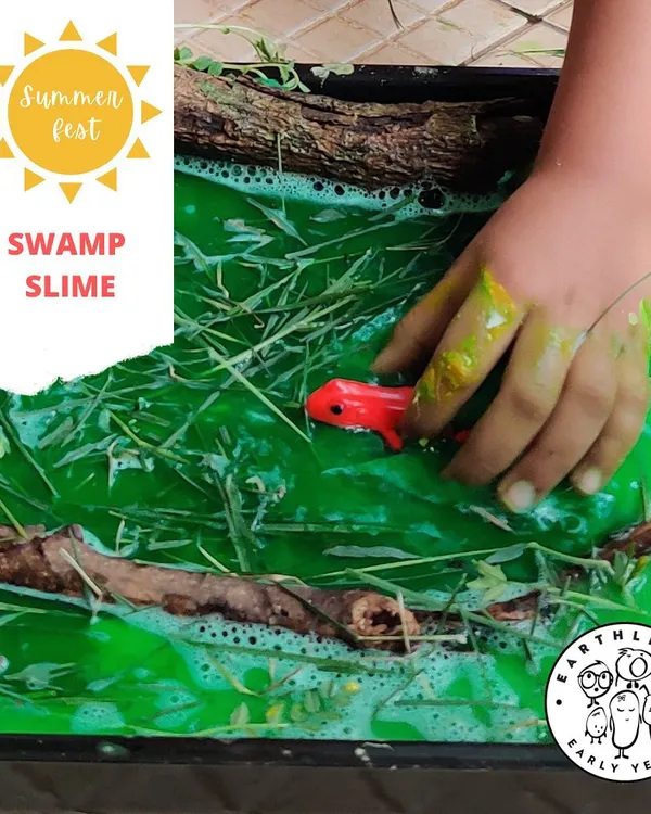 Welcome to the swamp. Making our own non-toxic swamp slime is a favorite sensory activity. It’s delightfully gooey and a fantastic base for small-world play, where children can imagine the creatures that live in a swamp ecosystem.