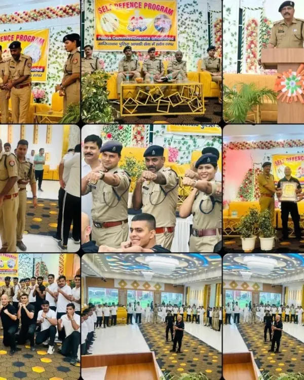 A collage from our recent self defense program with the Ghaziabad Police, showing officers engaged in various training modules. The sessions covered everything from unarmed combat to tactical response drills, culminating in a certification ceremony recognizing their hard work and enhanced skills.
