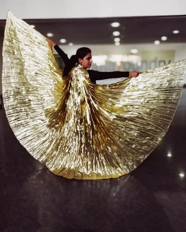 We love using props to make a performance larger than life. Here, we used golden belly wings for a dramatic effect during a corporate family fiesta, creating a visually stunning moment for the audience.