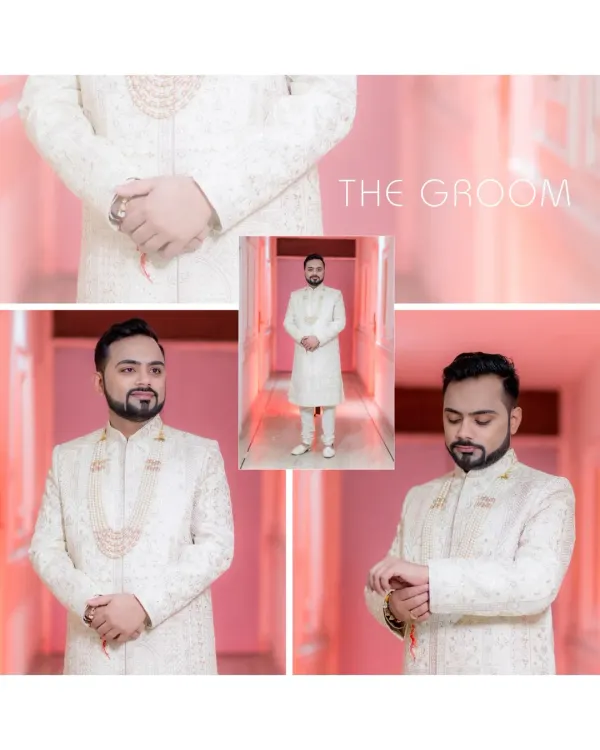A collage dedicated to the groom, showing him getting ready and his final dapper look in a classic white sherwani.