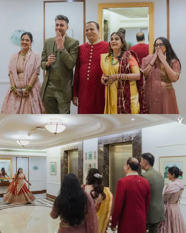 A collage of priceless family reactions during the bride's reveal. The surprise, joy, and emotion on their faces are the unscripted moments we live to capture.