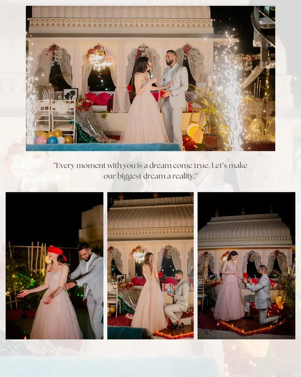A fairytale proposal setup for Amrit and Gagan, complete with sparklers and a beautifully decorated backdrop. We can help you plan the perfect surprise proposal during your shoot.