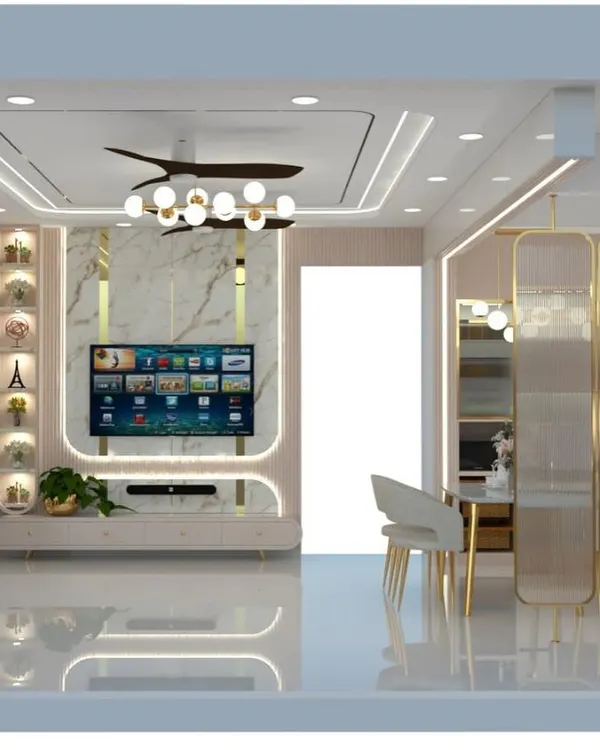 A complete view of a luxurious living and dining area we designed. This project features a floating TV unit with a marble-finish backdrop and integrated LED lighting, alongside a sleek, gold-accented glass partition that elegantly separates the spaces.