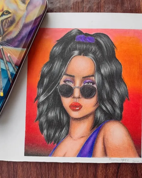 A finished colored pencil portrait of a woman with sunglasses, drawn from my imagination. I used Derwent Chromaflow pencils to create the vibrant red and orange background.
