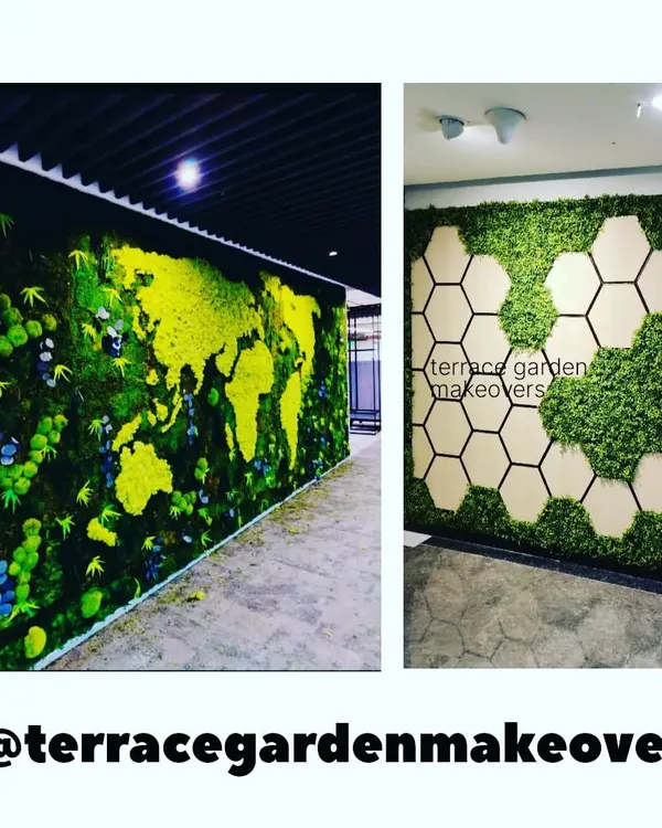 Moss is an incredibly versatile artistic medium. On the left, a world map crafted from different shades of green moss. On the right, a modern design using hexagonal panels to create a geometric pattern.