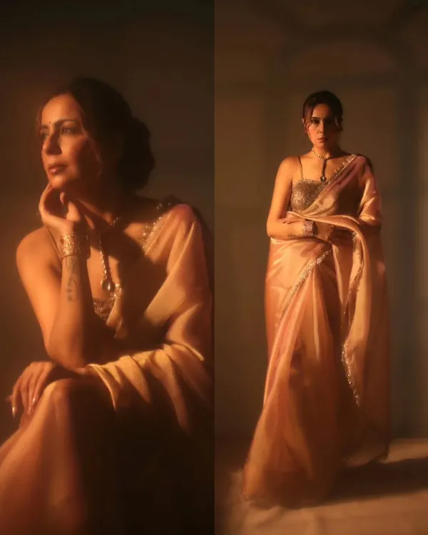 A diptych showing two sides of the same story. We used soft, warm lighting to create a nostalgic and dreamy feel for this saree editorial, capturing both a full-length pose and a thoughtful close-up.