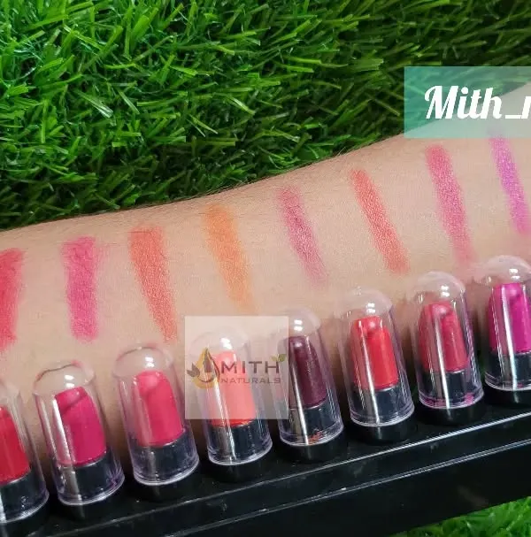 A full arm swatch of all the shades available in my homemade mini lipstick set. This shows the variety of colors you get, perfect for matching any look or mood.