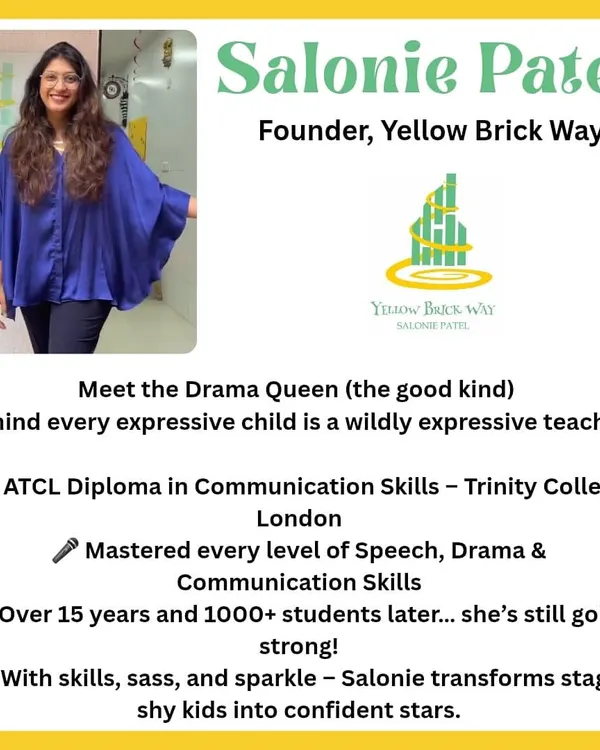 Meet our founder, Salonie Patel. With an ATCL Diploma from Trinity College London and over 15 years of experience, she is the "good kind of Drama Queen" who transforms shy kids into confident stars.