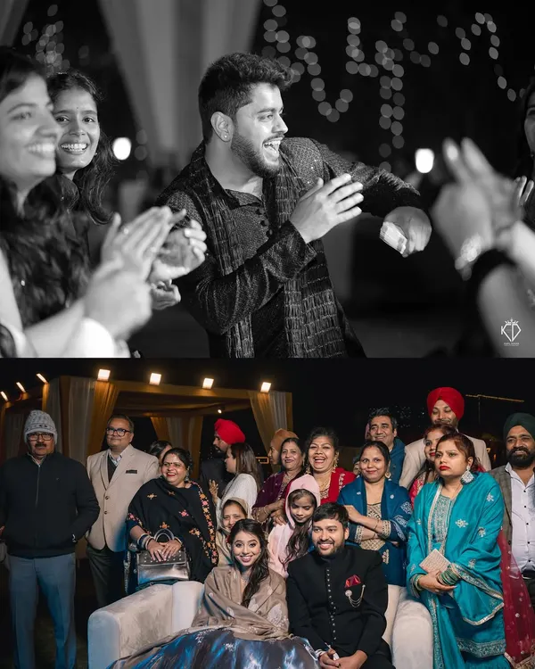 A collage capturing the life of the party: the groom dancing with joy, and a formal portrait with the entire family. This shows both the fun and the formal side of a wedding celebration.