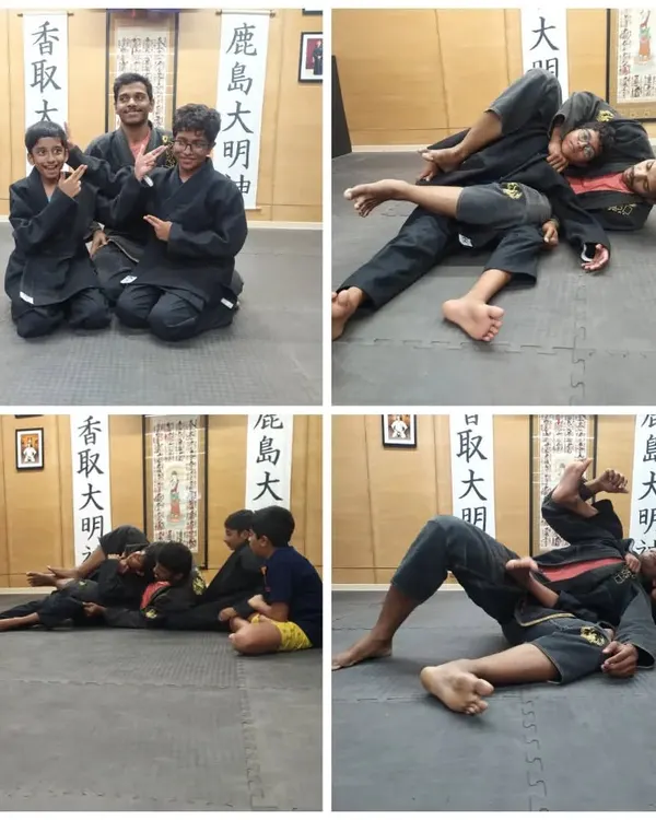 This collage shows different moments from our kids' BJJ class. You can see me demonstrating a technique, students practicing with a partner, and the focus required to learn the art of grappling.