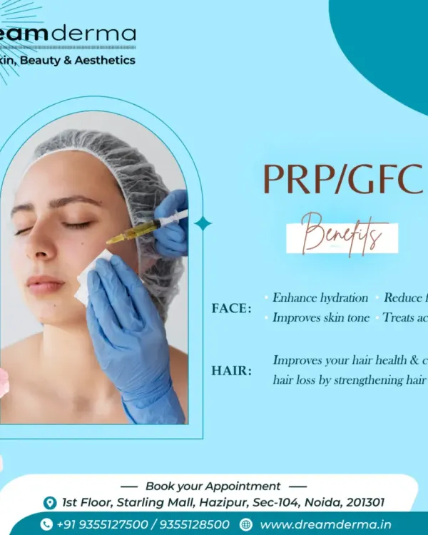 This graphic details the dual benefits of PRP and GFC for both face and hair. For the face, it enhances hydration and improves skin tone. For hair, it strengthens roots to combat hair loss, making it a comprehensive rejuvenation treatment.
