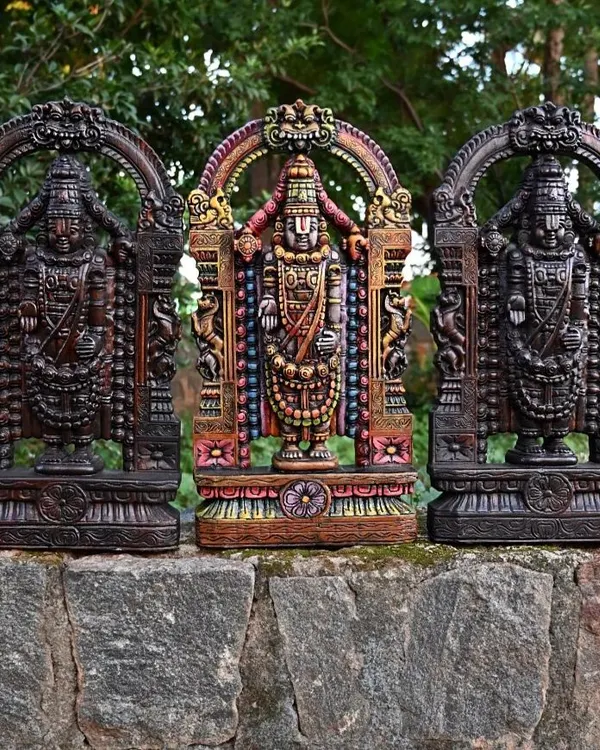 A special collection for the holy month of Purattasi, featuring three 24-inch Tirupati Balaji sculptures. We offer them in our classic wax brown finish as well as a vibrant, multi-colored antique finish.
