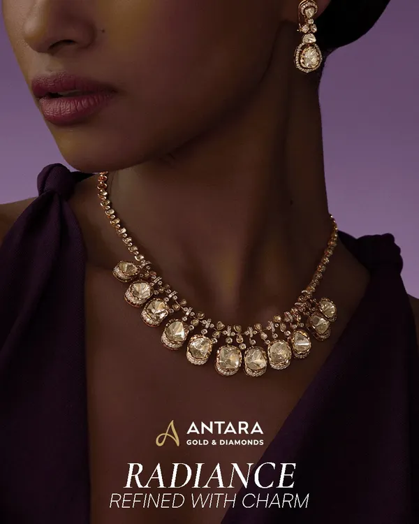 This elegant necklace showcases the refined radiance of Polki. I arranged oval and teardrop Polki diamonds in delicate halo settings to create a soft, heritage glow along the neckline, perfect for any celebration.