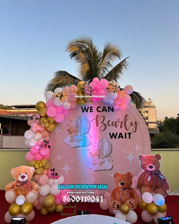 This "We Can Bearly Wait" teddy bear theme is one of my most requested designs for baby showers. The outdoor terrace setting with custom lighting creates a magical atmosphere as the sun sets, perfect for memorable photos.