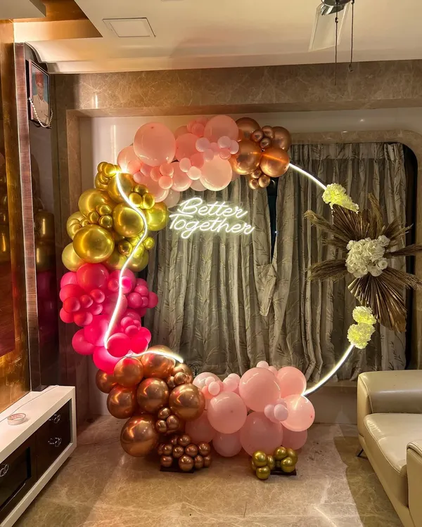 We can transform any corner of your home with a stunning balloon ring. This one, with a 'Better Together' neon sign, is perfect for anniversaries, engagements, or any celebration of love.