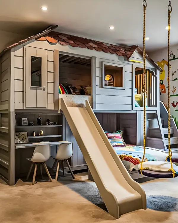 Another view of our popular treehouse bunk bed design. This angle shows the integrated study desk for two, proving that a playful room can also be perfectly set up for homework and creative projects.
