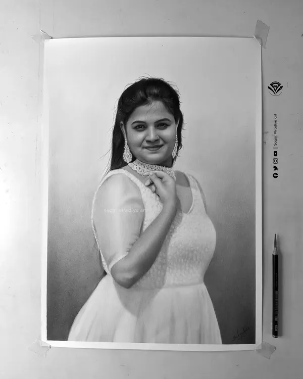 This is a full-length portrait sketch of a client, drawn on A3 size paper. I used pencil to carefully render the delicate fabric of her dress and the fine details of her jewelry, creating a graceful and realistic final artwork.