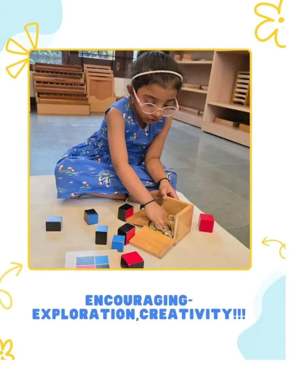 A child deeply engaged with the trinomial cube, a classic Montessori sensorial material. This activity is more than just a puzzle; it's an early, hands-on introduction to algebraic concepts, developing problem solving skills and concentration.
