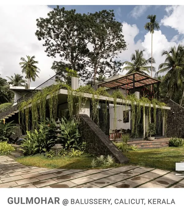 Welcome to Gulmohar, a home I designed to be a living part of its natural surroundings. With curtain creepers draping the facade and stone-clad walls, this residence blurs the line between architecture and landscape, creating a tranquil, sustainable living experience.