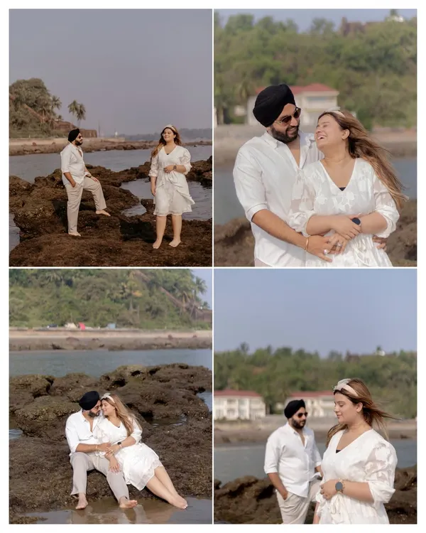A collage of Gurbani and Gurneet's pre-wedding shoot in Goa. From laughing on the rocky shores to sharing a tender moment, these shots capture their carefree beach romance.