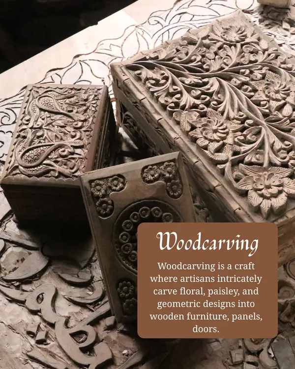 Woodcarving is a hallmark of Kashmiri craftsmanship. Here you see artisans intricately carving floral and paisley designs into wooden boxes. We incorporate this detailed craft into furniture, panels, and doors to bring a touch of heritage to modern homes.