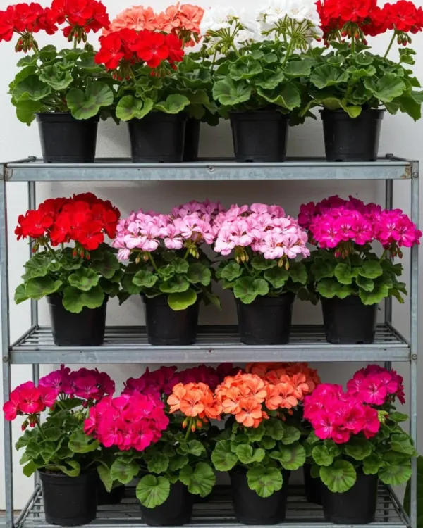 Shelves filled with vibrant Geraniums in a variety of colors including red, pink, white, and orange. These are perfect for sunny pots and window boxes.