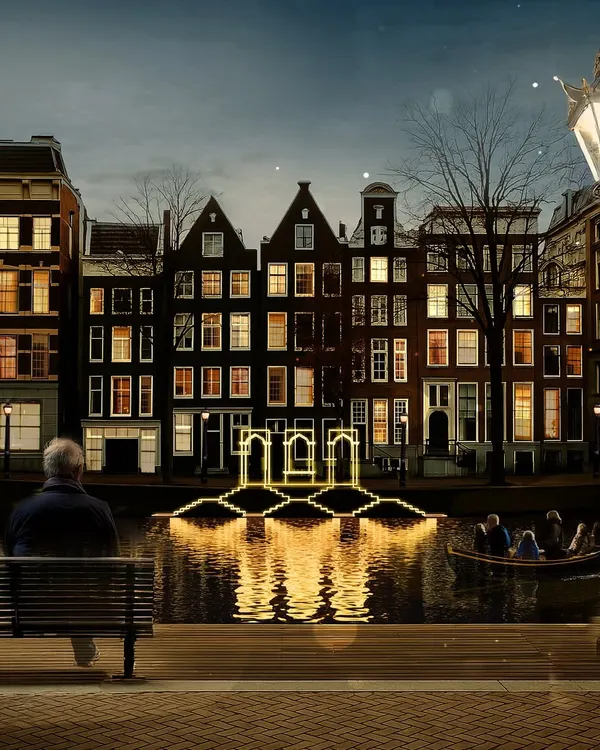 Our light installation, 'Echoes of the Deep', reimagines an ancient Indian step-well on an Amsterdam canal. This piece, seen here from a contemplative viewpoint, uses glowing geometric forms to create an architecture of light, inviting passersby to pause and reflect on the idea of stillness in a busy city.