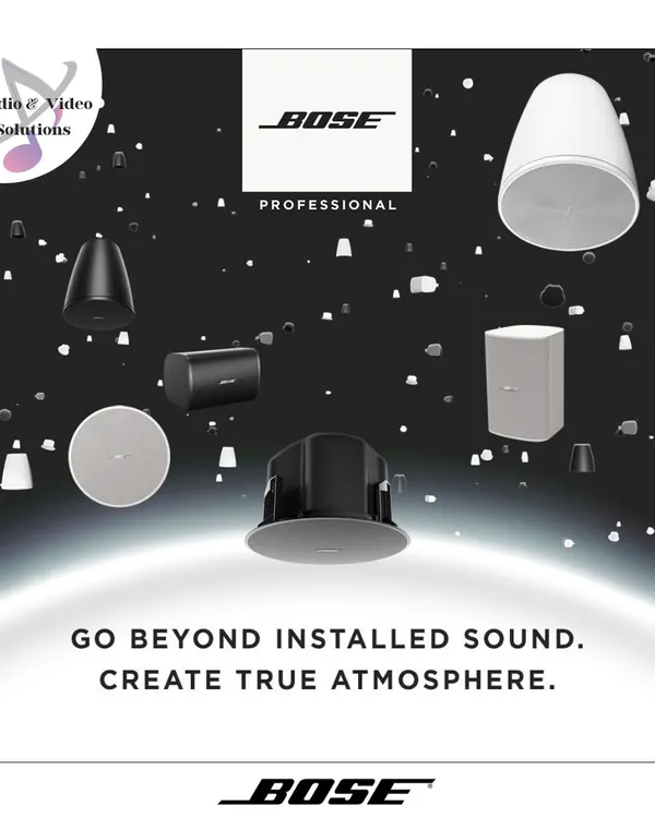Our partnership with Bose Professional allows us to deliver superior audio quality for any commercial space. This graphic showcases the variety of Bose speakers we install, each chosen to create the ideal atmosphere for your business.