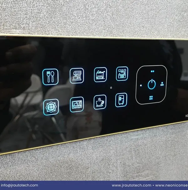 This is the centerpiece of a truly personalized smart home. Our premium JR XION touch panel, shown here with a custom gold frame and a wide array of icons, gives you granular control over every aspect of a room, from lighting scenes to appliances, all from one elegant interface.
