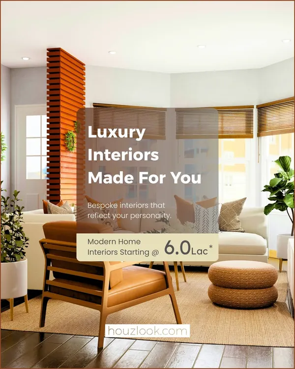 Luxury interiors made for you. This graphic showcases a modern living room with warm wood furniture and natural light, emphasizing that our bespoke designs start at an accessible price point.