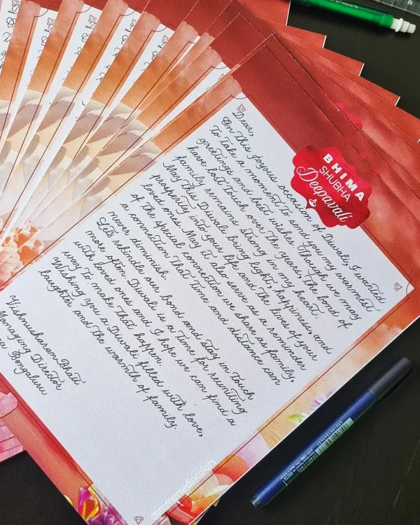 A full view of one of the 50 letters I wrote for Bhima Jewelers' employees for Diwali. Each letter was handwritten on custom-printed stationery.
