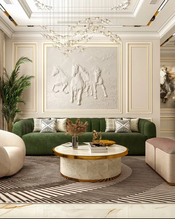 We believe a living room should be a masterpiece of comfort and style. This space combines a bold green velvet sofa with neutral tones and gold accents, creating an atmosphere of sophisticated luxury. Notice the layered lighting and the striking wall art, all curated to deliver a truly bespoke living experience.
