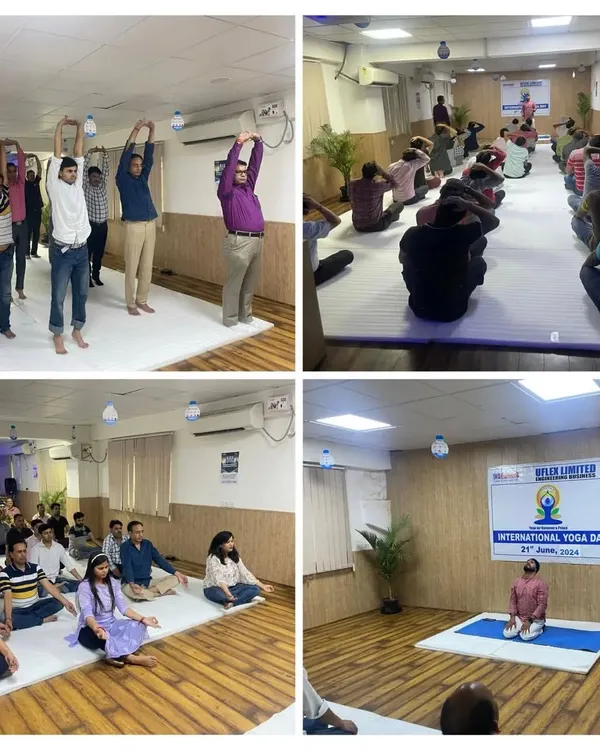 A collage from our International Yoga Day event at Uflex company. We practiced standing asanas, seated postures, and relaxation techniques suitable for the office environment.